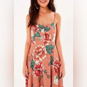 NEW Rare Farm Rio Brazil Floral & Polka Dotted Rose Multicolor Midi Dress
